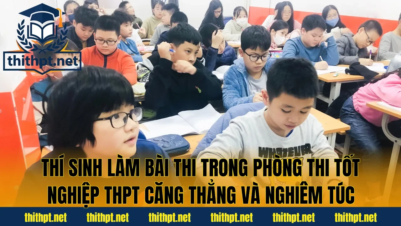Thí sinh làm bài thi trong phòng thi tốt nghiệp THPT căng thẳng và nghiêm túc